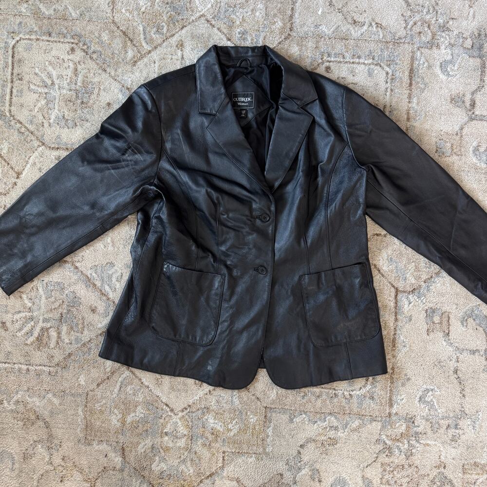 Outbrook Woman Black Genuine Leather Blazer Jacket Size 1X Button Front